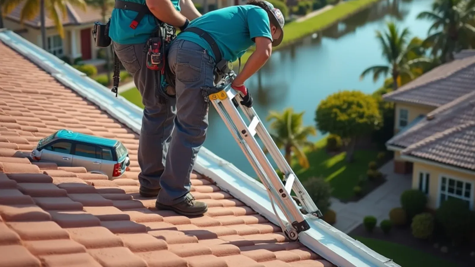 Gutter service areas across Broward, Palm Beach and Miami-Dade: coastal neighborhood of tile-roof homes