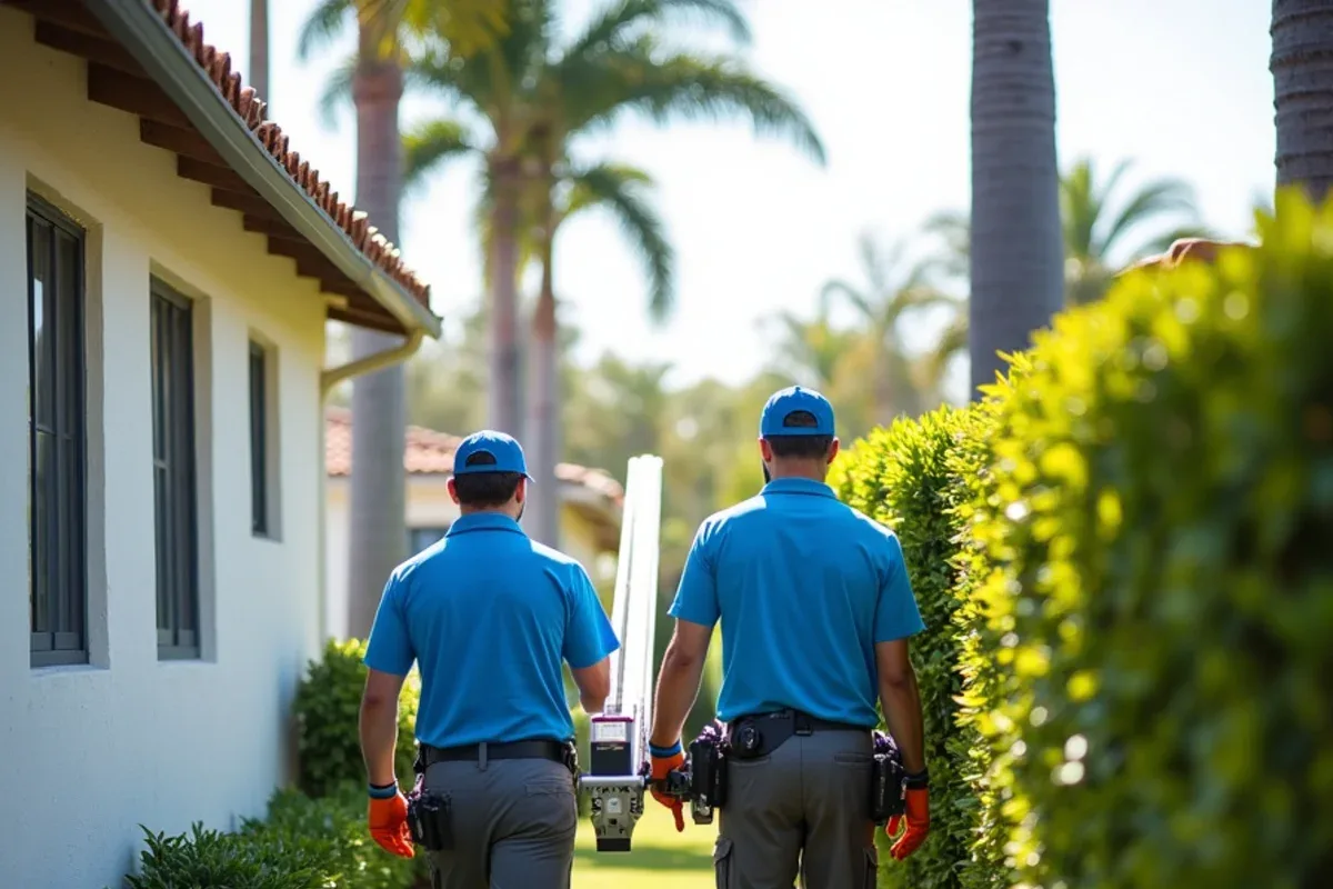 Two gutter technicians carrying an aluminum extension ladder along a palm-lined side yard