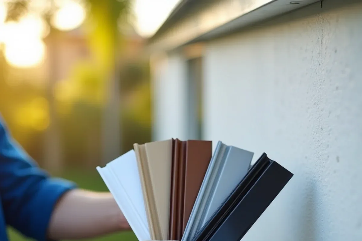 Fan of baked-enamel aluminum gutter color samples held against white stucco trim