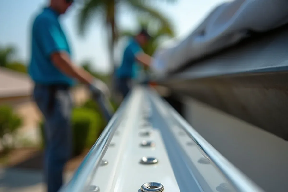 Stainless steel hidden hangers screwed into a seamless gutter at tight spacing