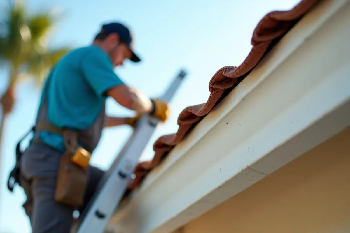 Ladder standoff resting against a roof edge so the ladder never touches the gutter