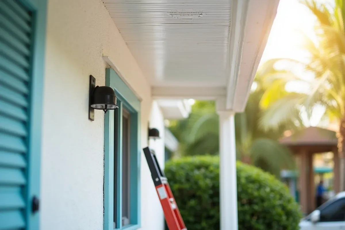 Perforated vented aluminum soffit panels installed under a wide stucco home eave
