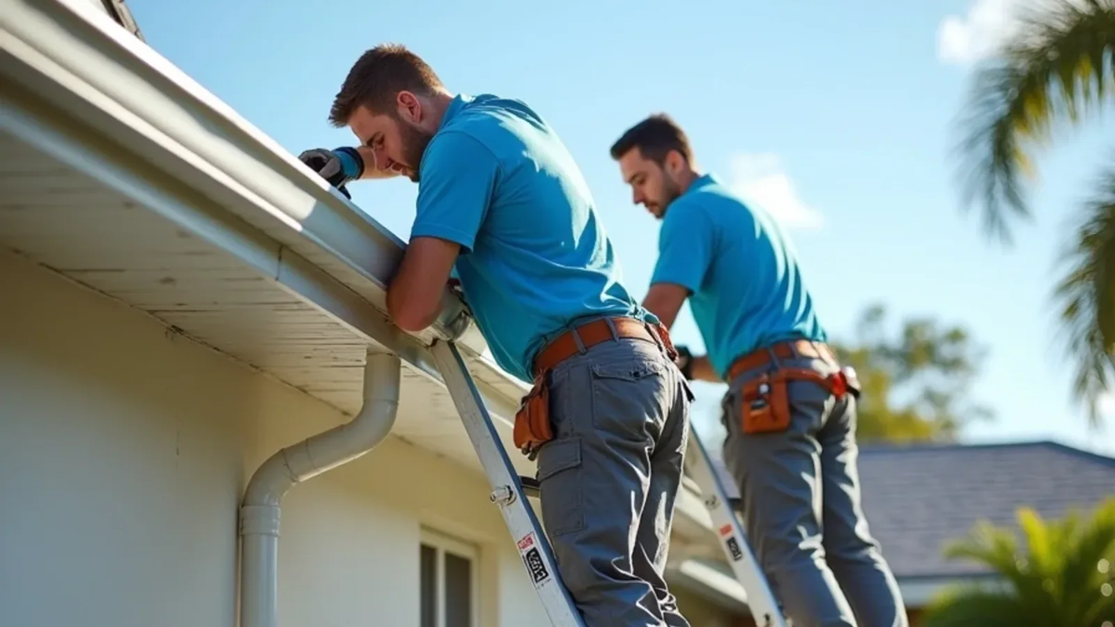 Crew fitting white aluminum fascia wrap and vented soffit along a ranch home's roof edge