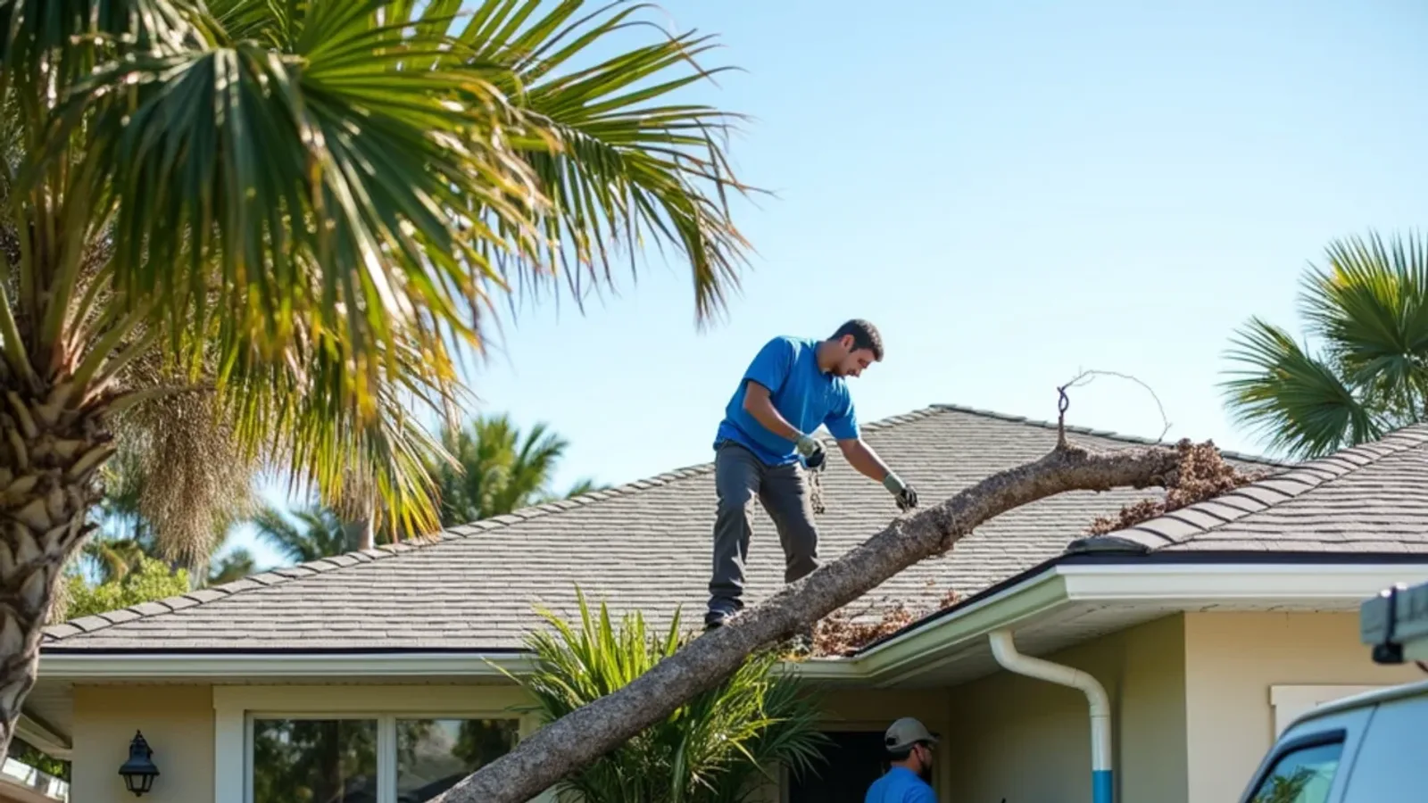 Palm fronds and broken branches piled across a roof edge and gutter after a storm