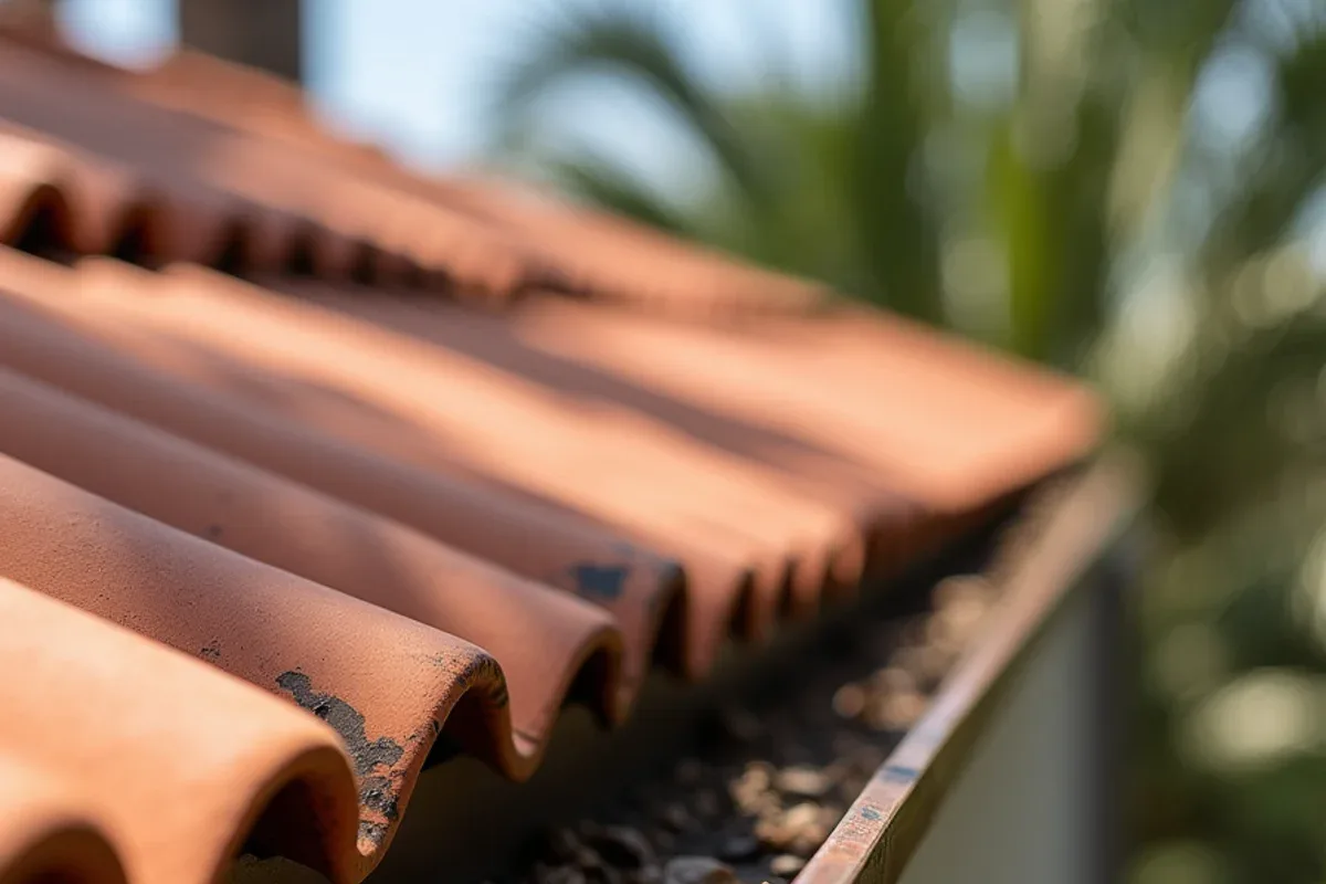 Leaves and palm seed collected in barrel tile pans running down toward the gutter