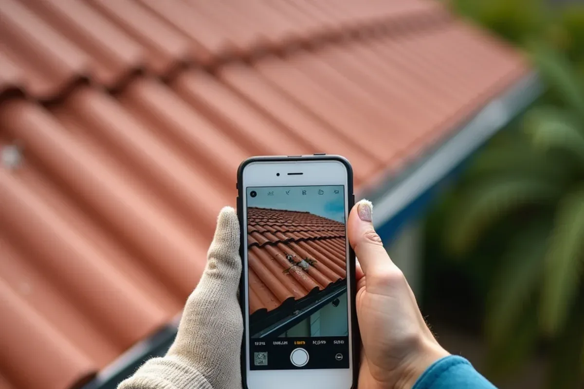 Gloved hand holding a phone to photograph an existing cracked tile before gutter work begins