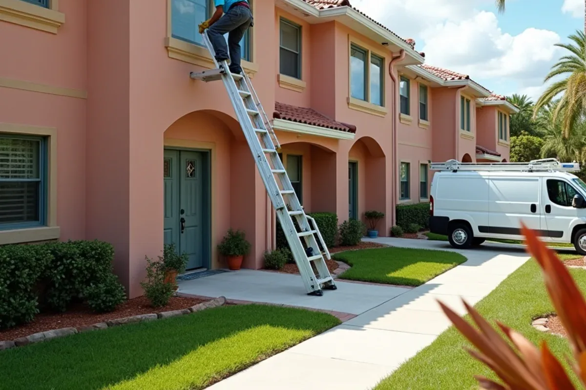 Row of two-story townhouses sharing one continuous upper gutter during townhouse gutter cleaning