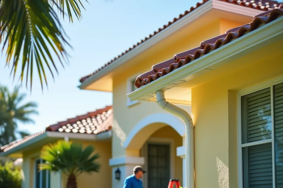 After two-story gutter cleaning: clean upper gutter and unstained stucco on a tall pale yellow home