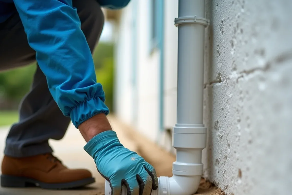 Downspout adapter joined to solid white PVC drain pipe at the start of a trench
