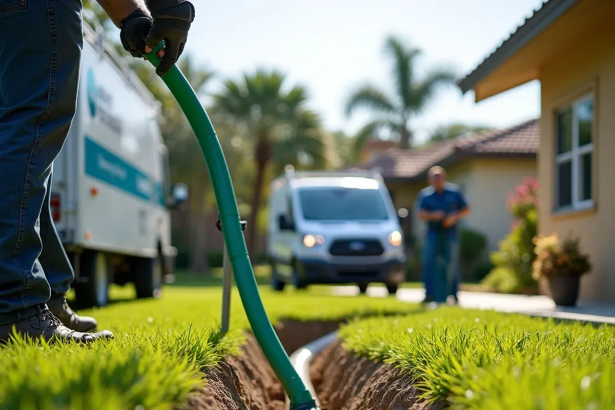 Garden hose test running water through a new underground gutter drain before backfill