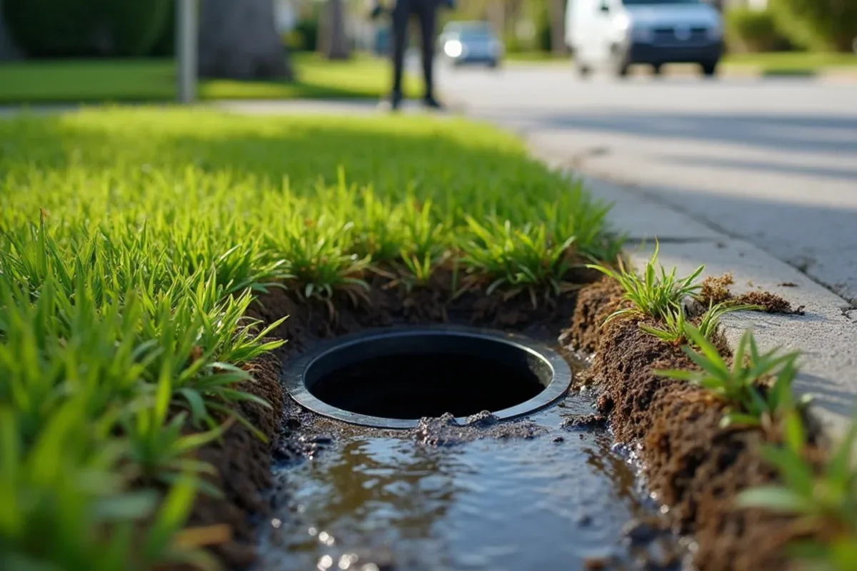 Underground downspout outlet finished flush at the edge of a grassy street swale