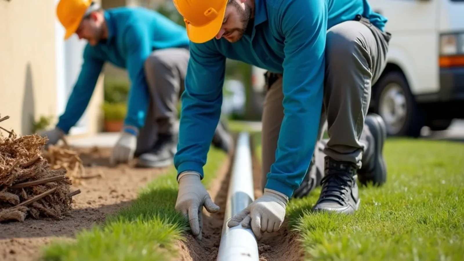 Crew laying smooth-wall drainage pipe in a shallow lawn trench leading from a downspout